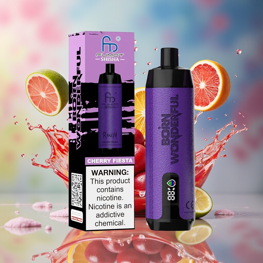 RandM Fumot Shisha 10000 Puffs Norge Engros LED Type-C 0.6ohm Kirsebær Fiesta