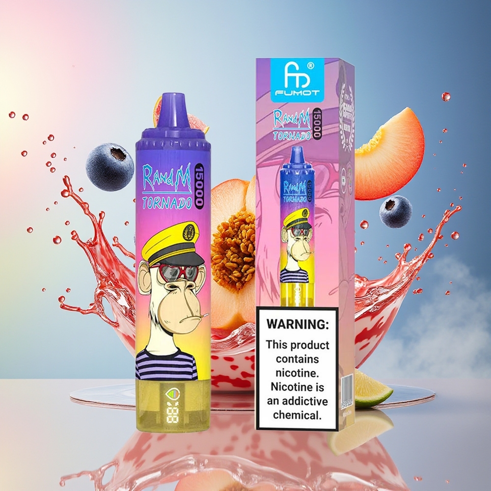 RandM Fumot Tornado 15000 Puffs 25ml 850mAh Mesh LCD Norge Engros Fersken Blåbær Godteri