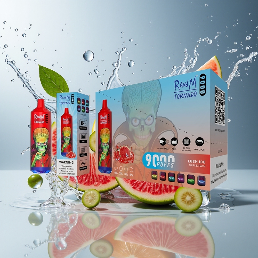 RandM Fumot Tornado 9000Puffs 850 mAh 18 mL Mesh Coil RGB Display 54 Smaker Lush Is Norge Engros