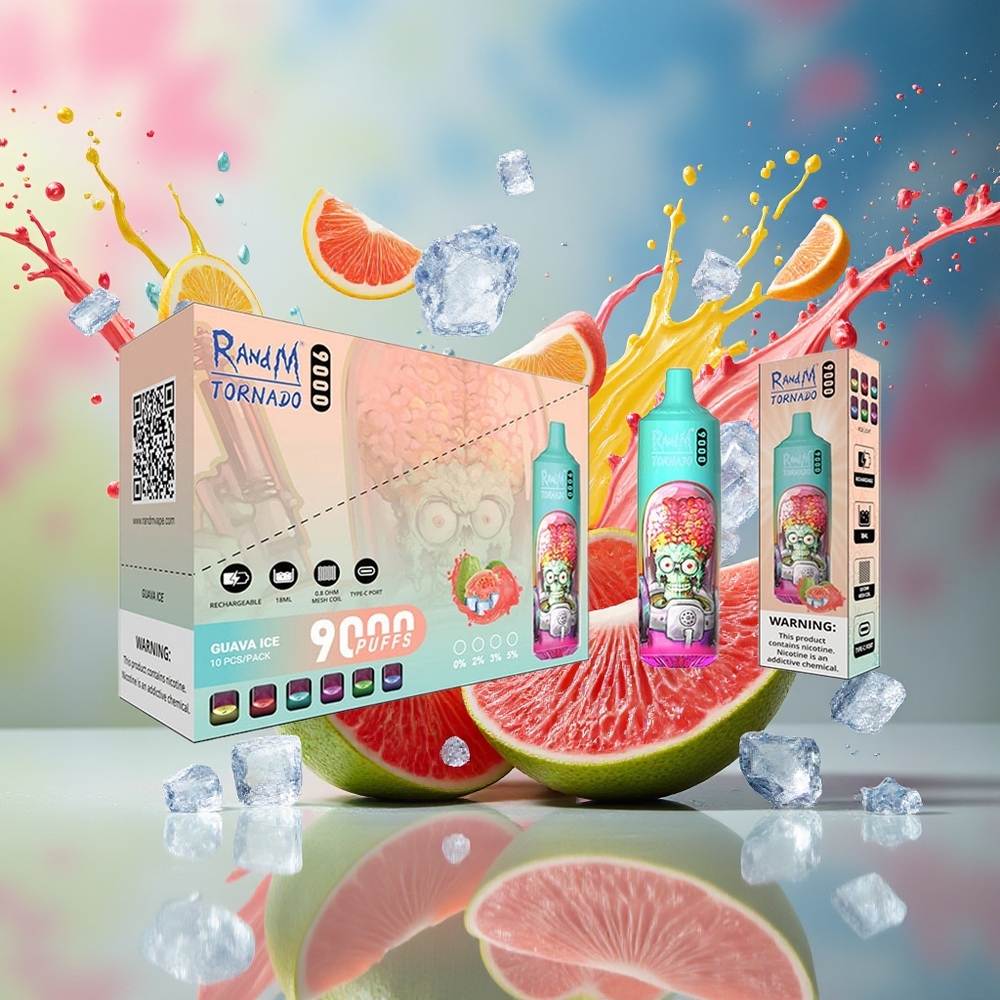 RandM Fumot Tornado 9000Puffs 850 mAh 18 mL Mesh Coil RGB Display Guava Is Norge Engros