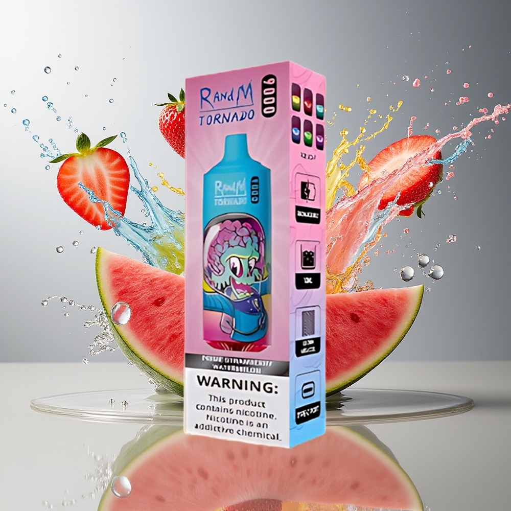 RandM Fumot Tornado 9000Puffs 850 mAh 18 mL Mesh Coil RGB Display Prime Jordbær Vannmelon Norge Engros