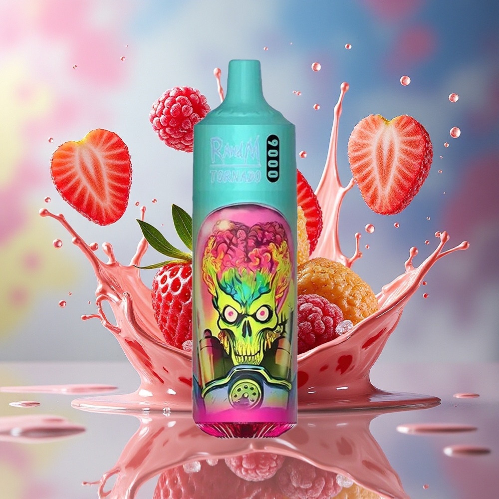 RandM Fumot Tornado 9000Puffs 850 mAh 18 mL Mesh RGB Display Jordbær Bringebær Norge Engros