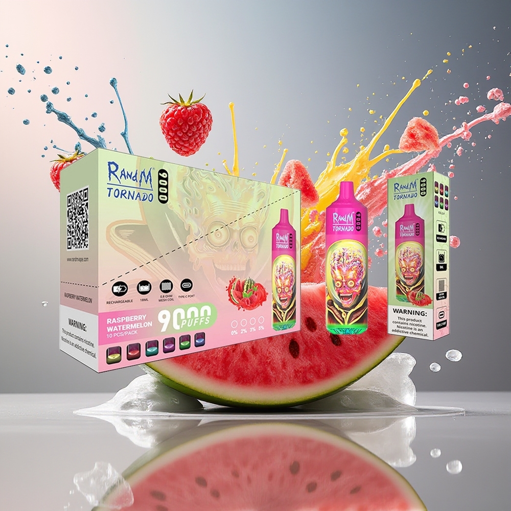 RandM Fumot Tornado 9000Puffs 850 mAh Omladbar 18 mL Mesh Coil RGB Bringebær Vannmelon Norge Engros
