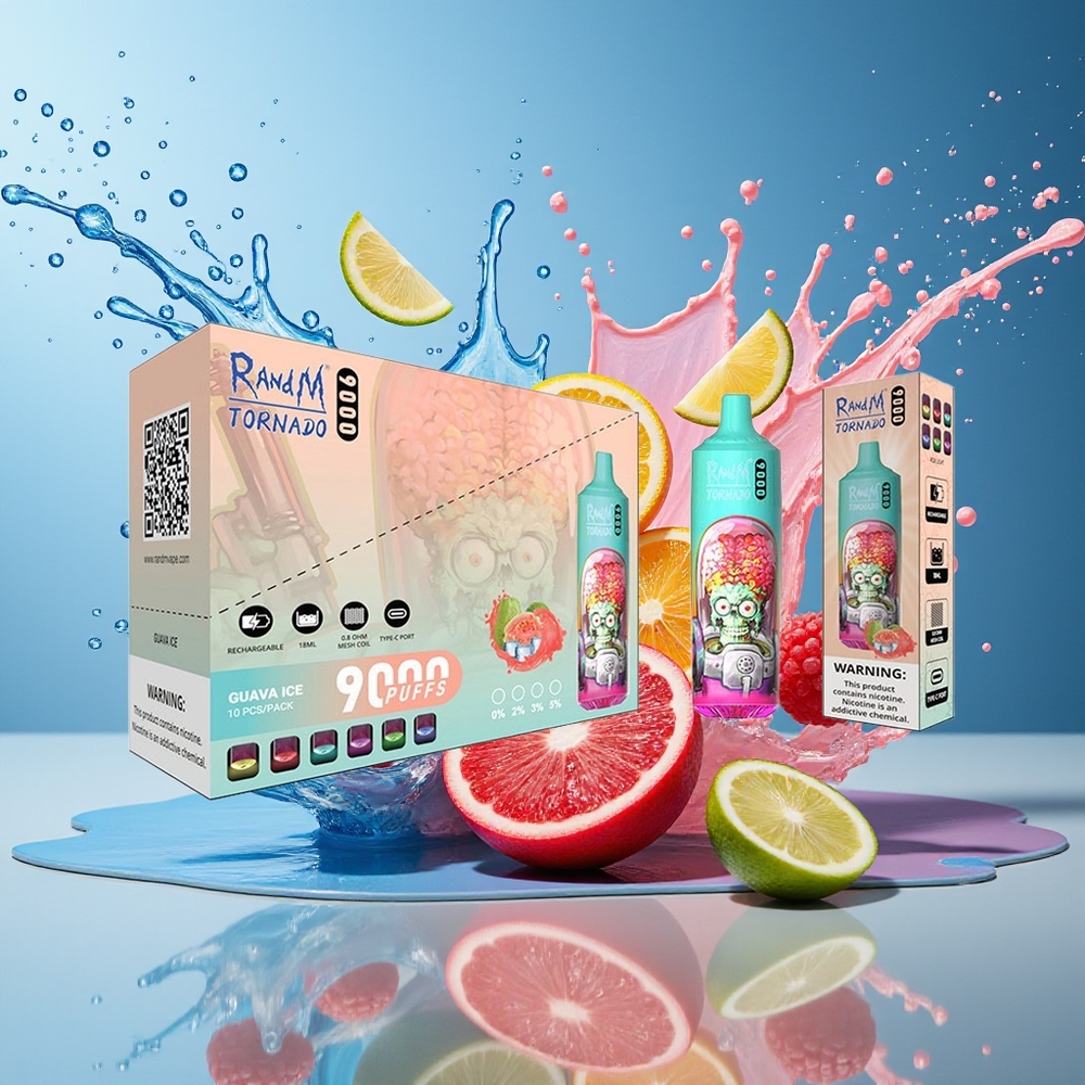 RandM Fumot Tornado 9000Puffs 850mAh 18mL Mesh Coil RGB Blå Sur Bringebær Norge Engros