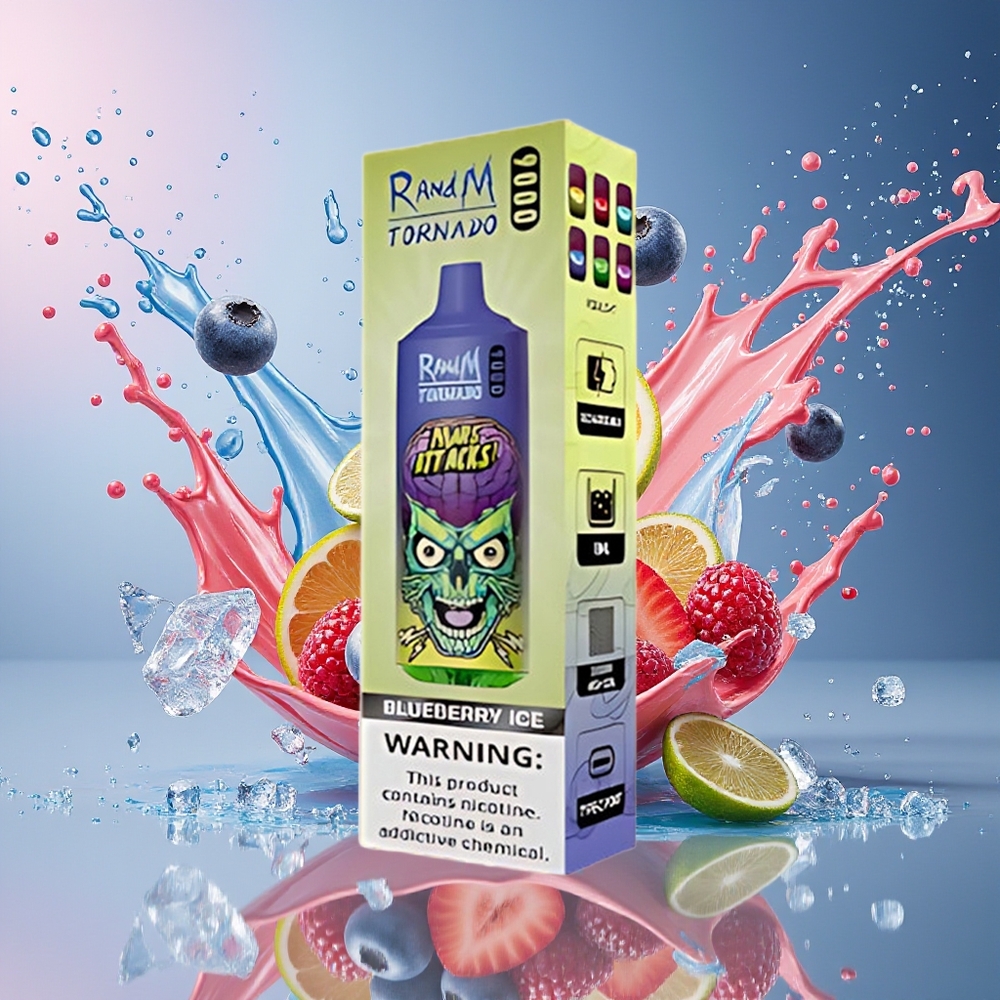 RandM Fumot Tornado 9000Puffs 850mAh 18mL Mesh Coil RGB Blåbær Is Norge Engros