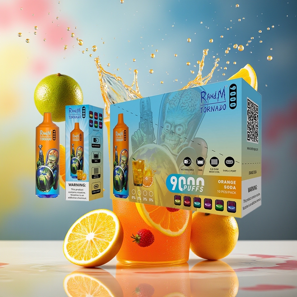 RandM Fumot Tornado 9000Puffs 850mAh 18mL Mesh RGB 54 Smaker Appelsin Brus Norge Engros