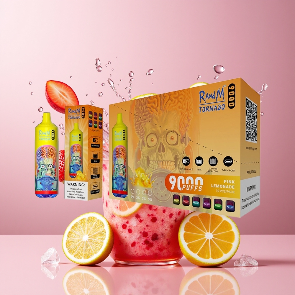 RandM Fumot Tornado 9000Puffs 850mAh 18mL Mesh RGB 54 Smaker Rosa Lemonade Norge Engros