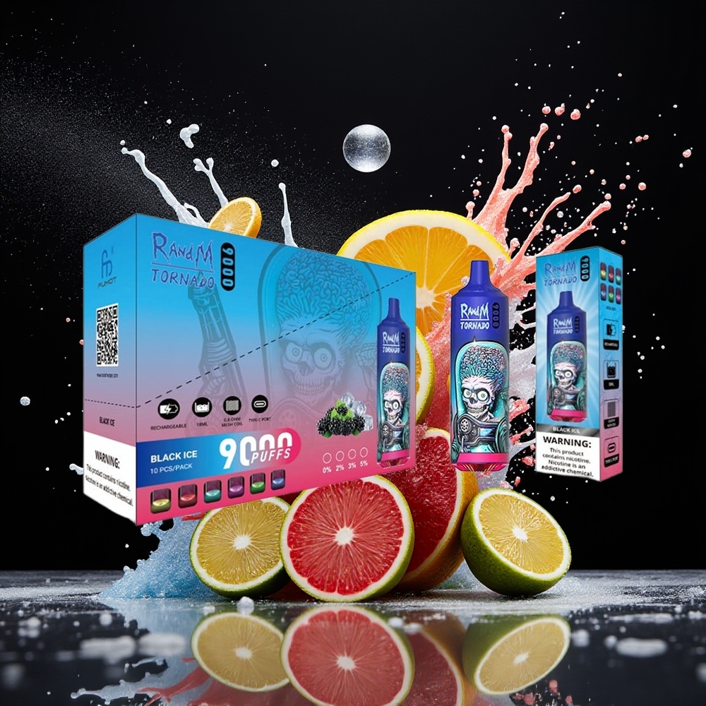 RandM Fumot Tornado 9000Puffs 850mAh 18mL Mesh RGB 54 Smaker Svart Is Norge Engros