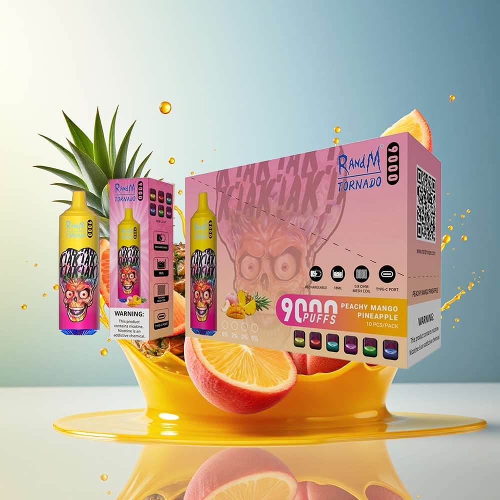 RandM Fumot Tornado 9000Puffs 850mAh 18mL Mesh RGB Norge Engros Fersken Mango Ananas