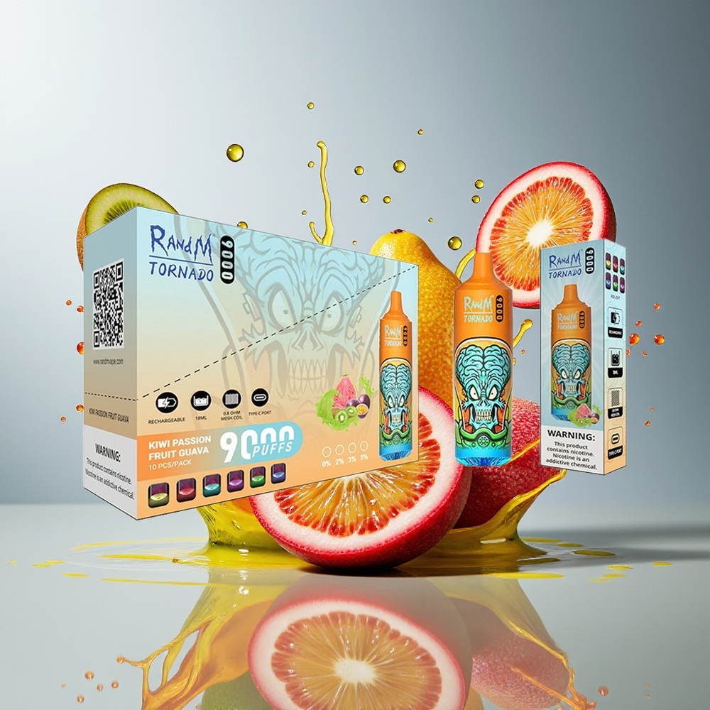 RandM Fumot Tornado 9000Puffs Norge Engros Oppladbar 850 mAh 18 mL Mesh RGB Kiwi Pasjonsfrukt Guava