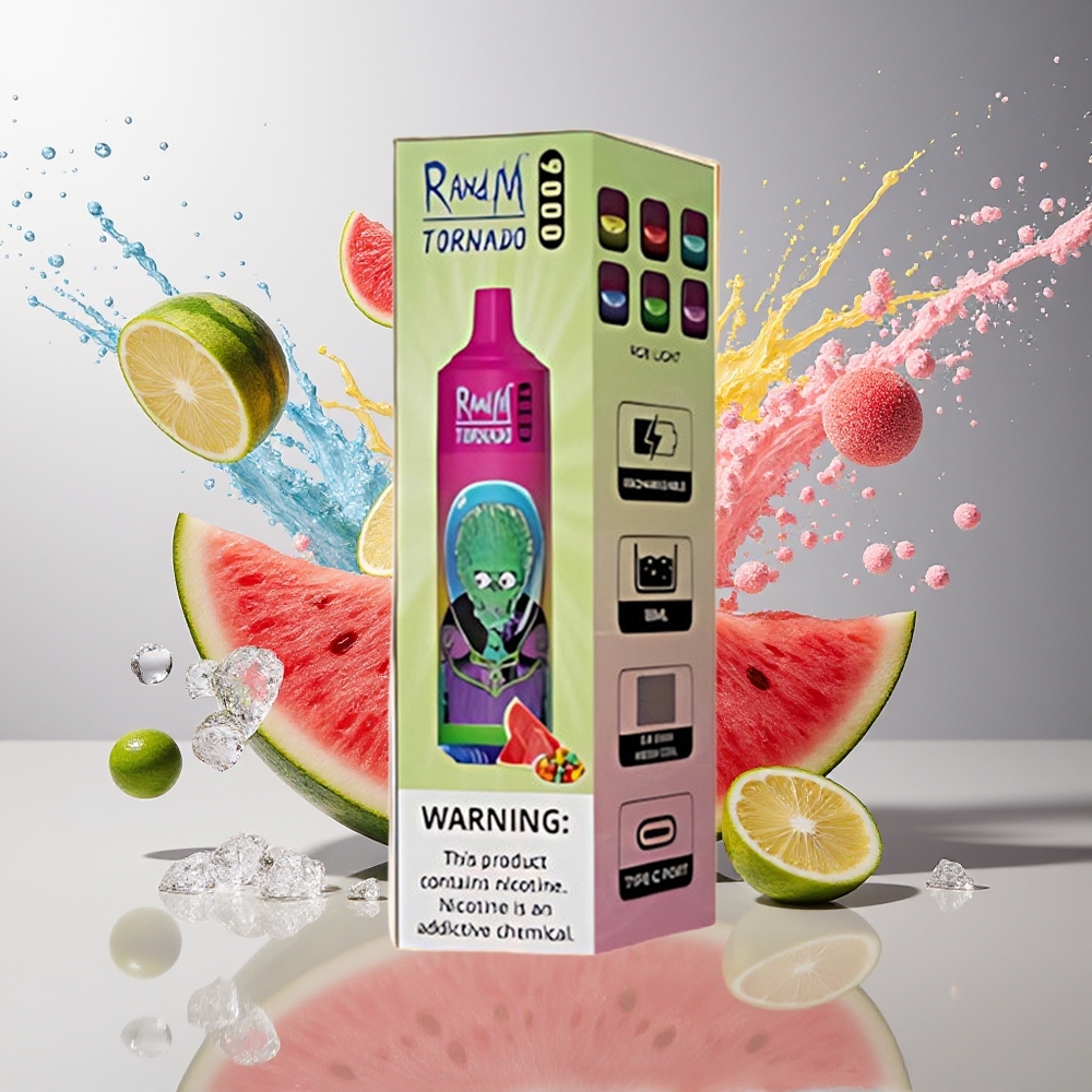 RandM Fumot Tornado 9000 Puffs Norge Engros Oppladbar 850 mAh 18 mL Mesh Coil RGB Vannmelon Tyggegummi
