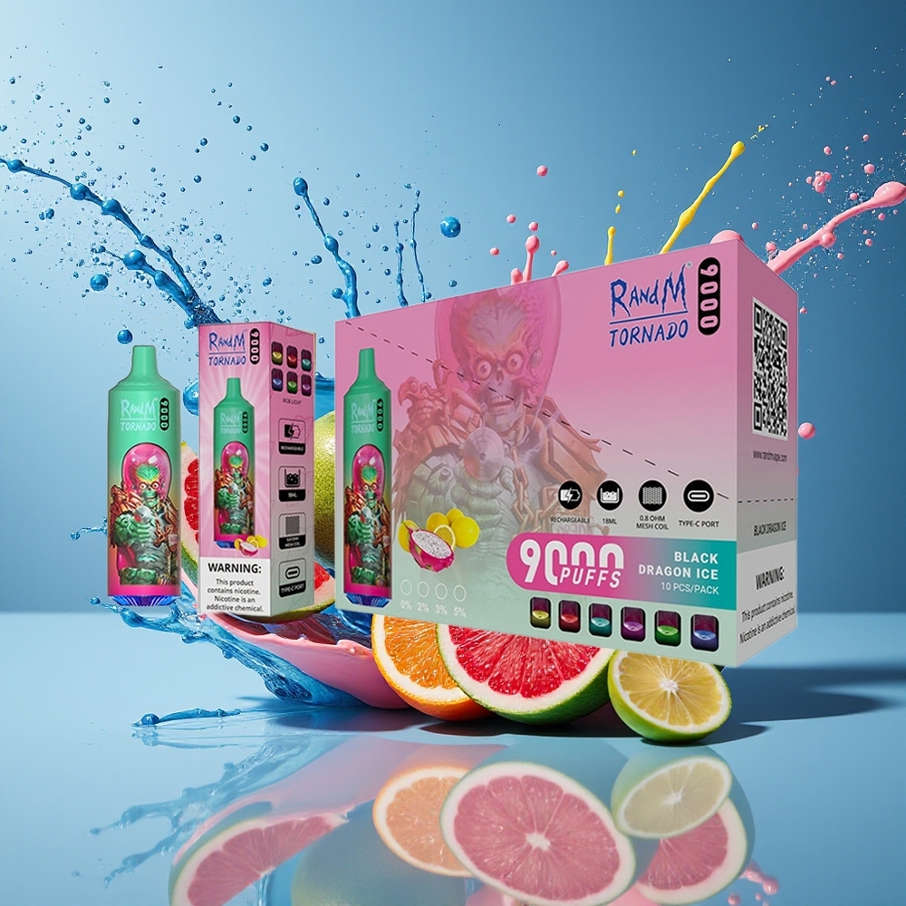 RandM Fumot Tornado 9000 Puffs Norge Engros Oppladbar 850 mAh 18 mL Mesh RGB Blå Razz Kush