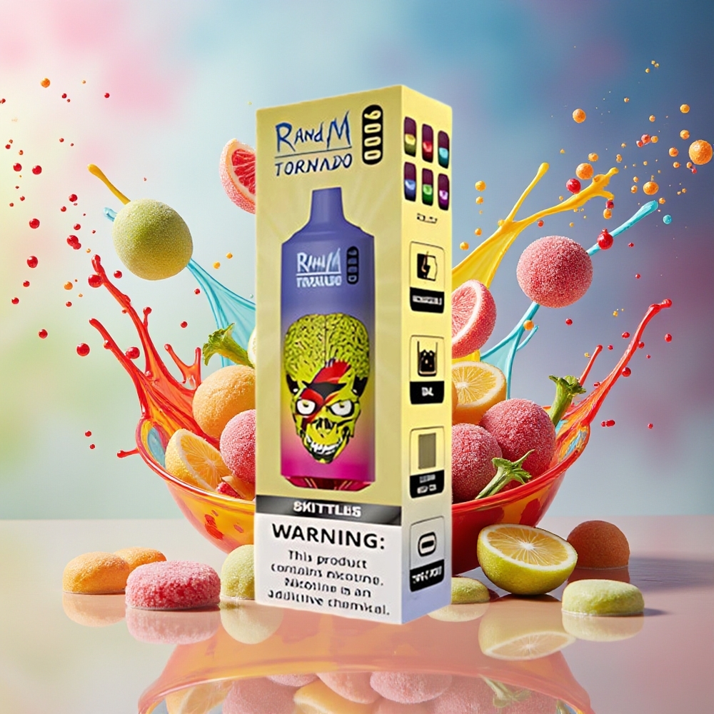 RandM Fumot Tornado 9000 Puffs Norge Engros Oppladbar 850 mAh 18 mL Mesh Skittles