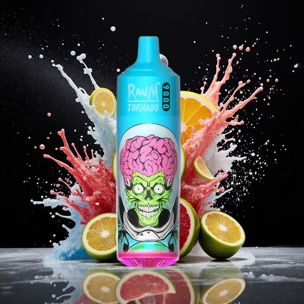 RandM Fumot Tornado 9000 Puffs Norge Engros Oppladbar Svart Drage Is 18 mL Mesh RGB 54 Smaker