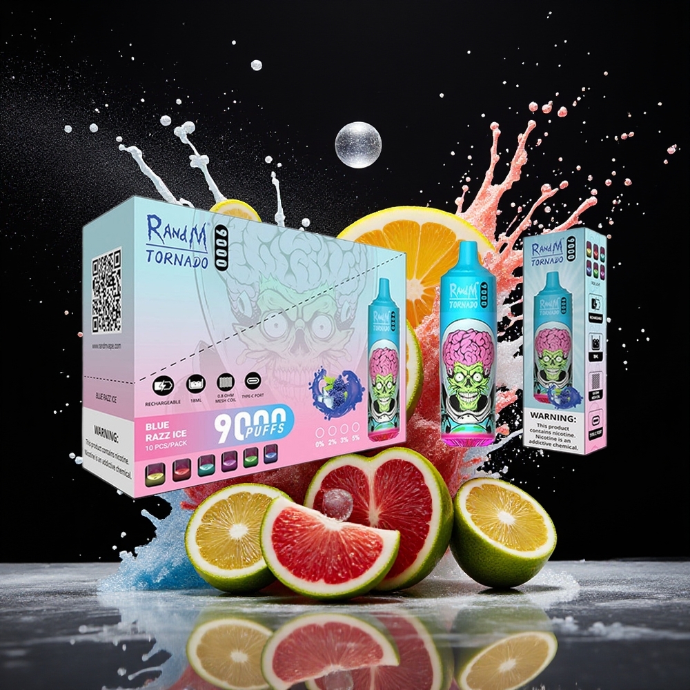 RandM Fumot Tornado 9000 Puffs Norge Engros Oppladbar Svart Drage Is 18 mL Mesh RGB 54 Smaker