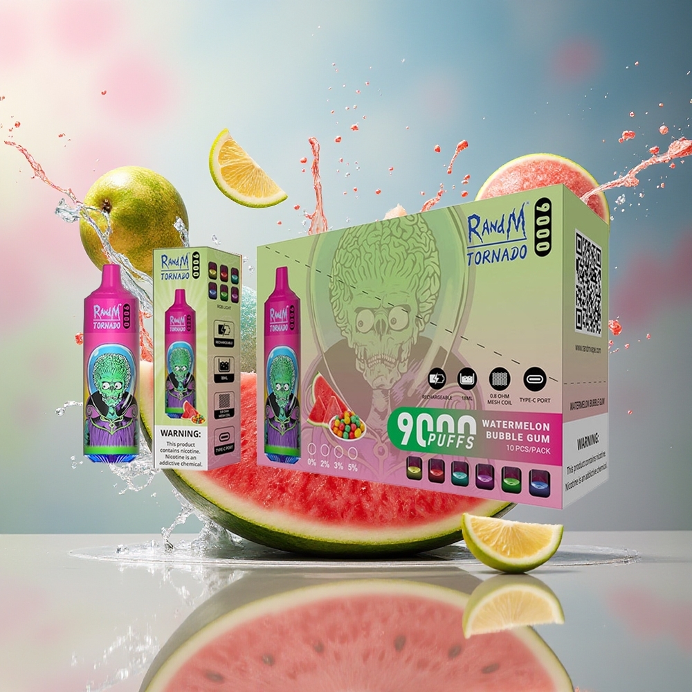 RandM Fumot Tornado 9000 Puffs Norge Engros Vannmelon Tyggegummi 18 mL Mesh RGB