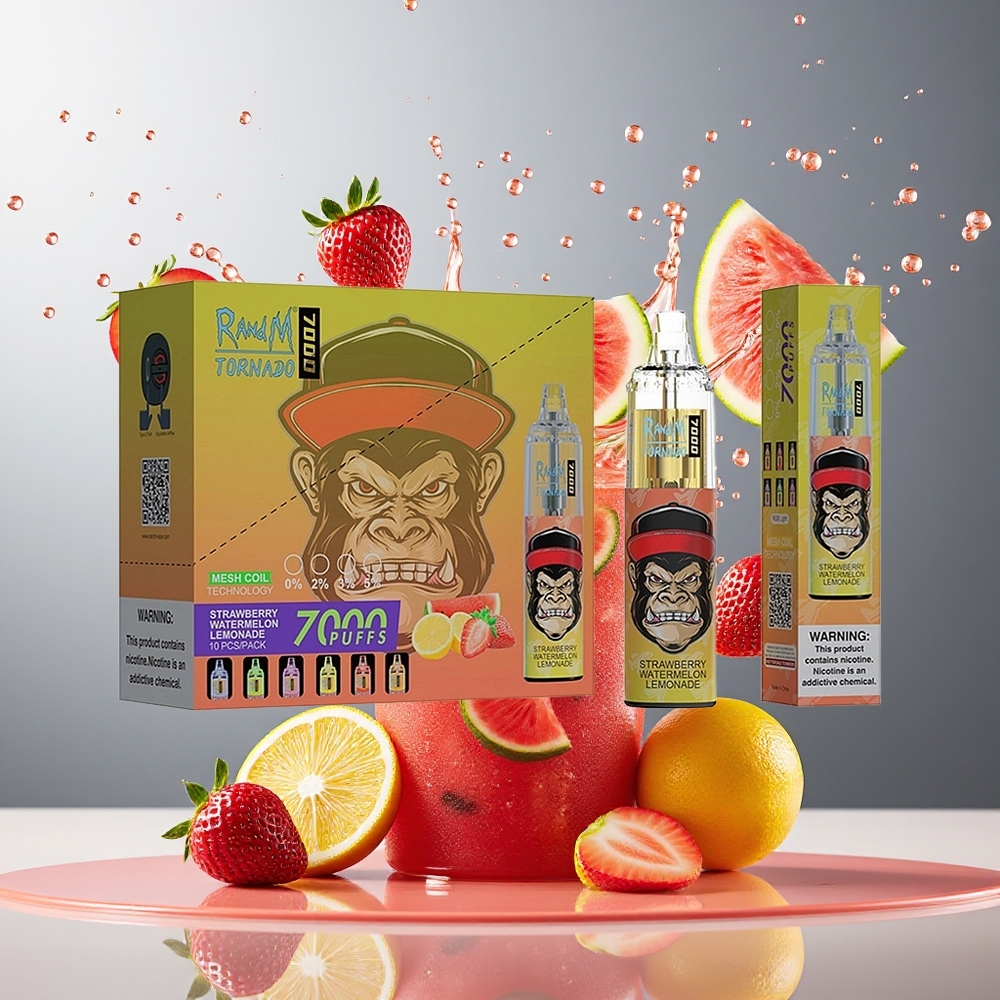 RandM Fumot Tornado 7000 Norge Engros 14ML 850MAH Mesh Type-C RGB Luftjusterbar Jordbær Vannmelon Lemonade
