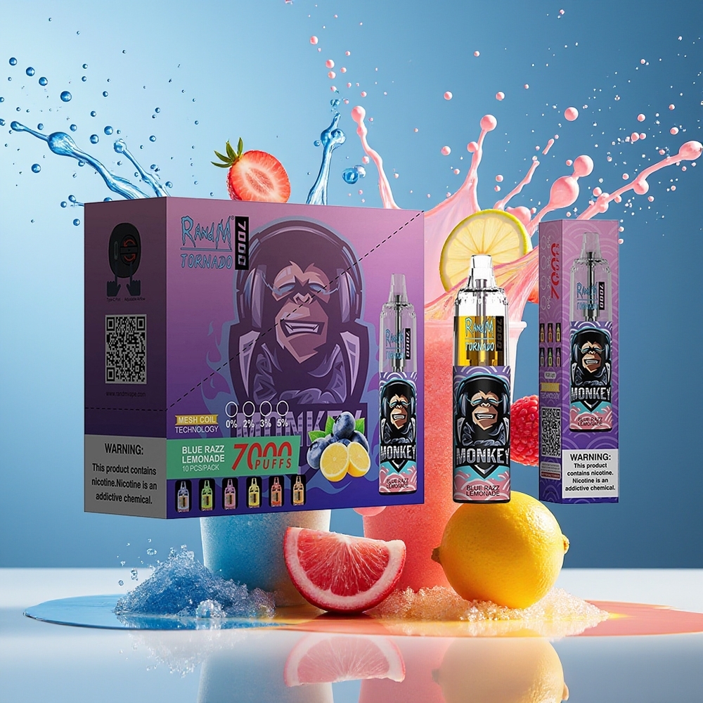 RandM Fumot Tornado 7000 Norge Engros 14ML Mesh Coil Type-C Blå Bringebær Lemonade