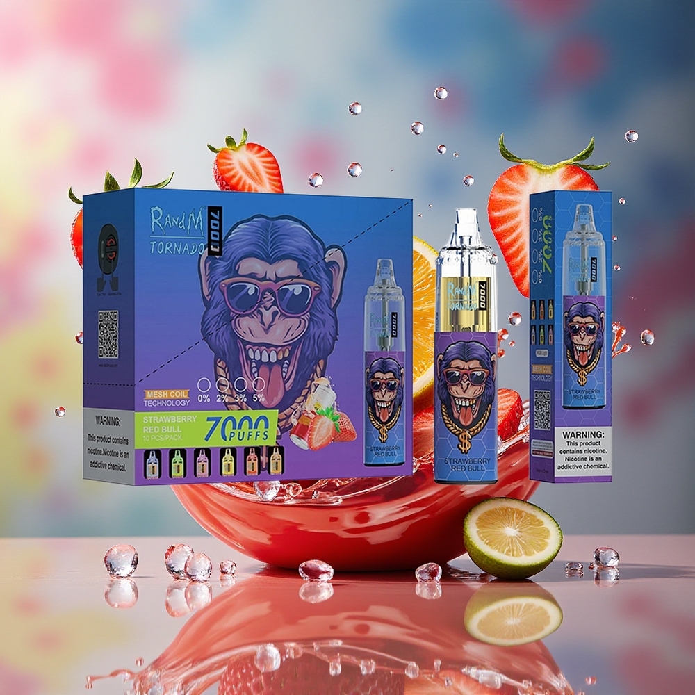 RandM Fumot Tornado 7000 Norge Engros 14ML Mesh Type-C RGB Luftjusterbar Jordbær Red Bull