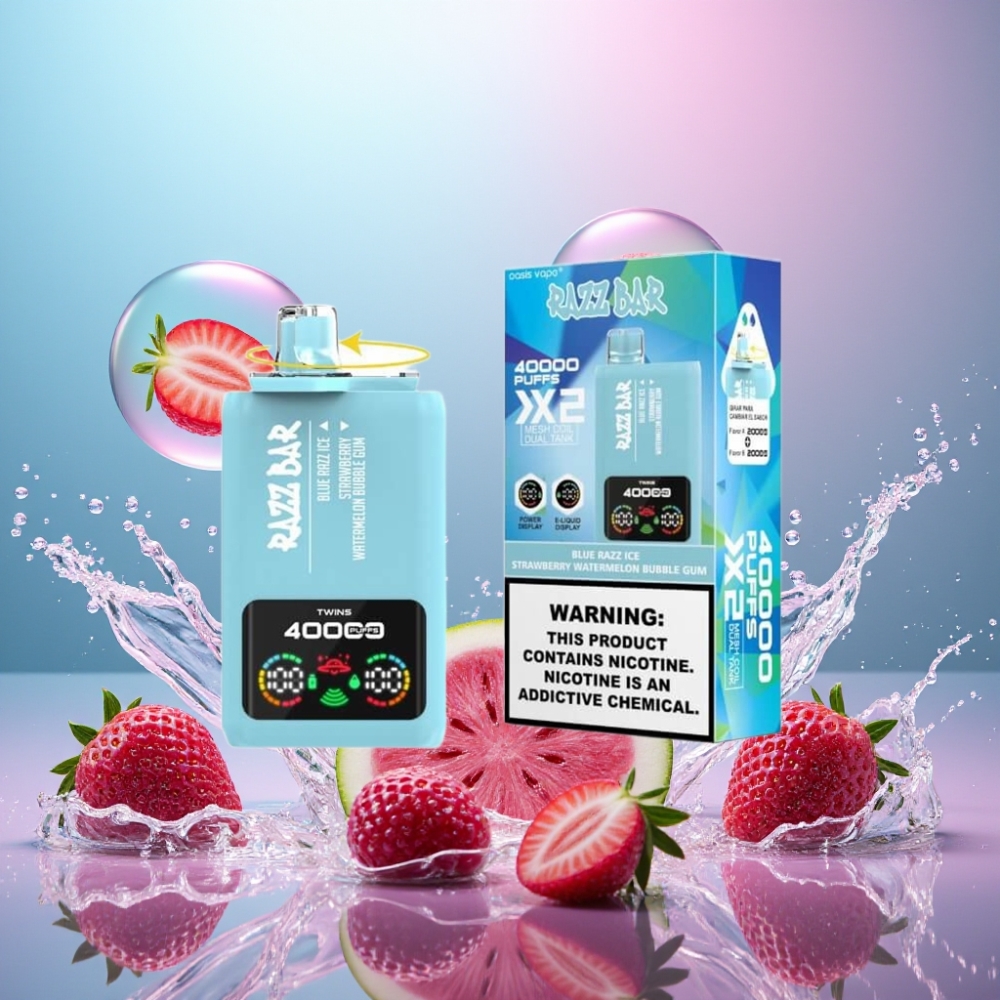 Razz Bar 40000 Puffs Norge Engros Blå Bringebær Is & Jordbær Vannmelon Tyggegummi Power Skjerm 1.0Ω 2 Mesh Coil 650 Mah Type-C 2% 5% Nikotin