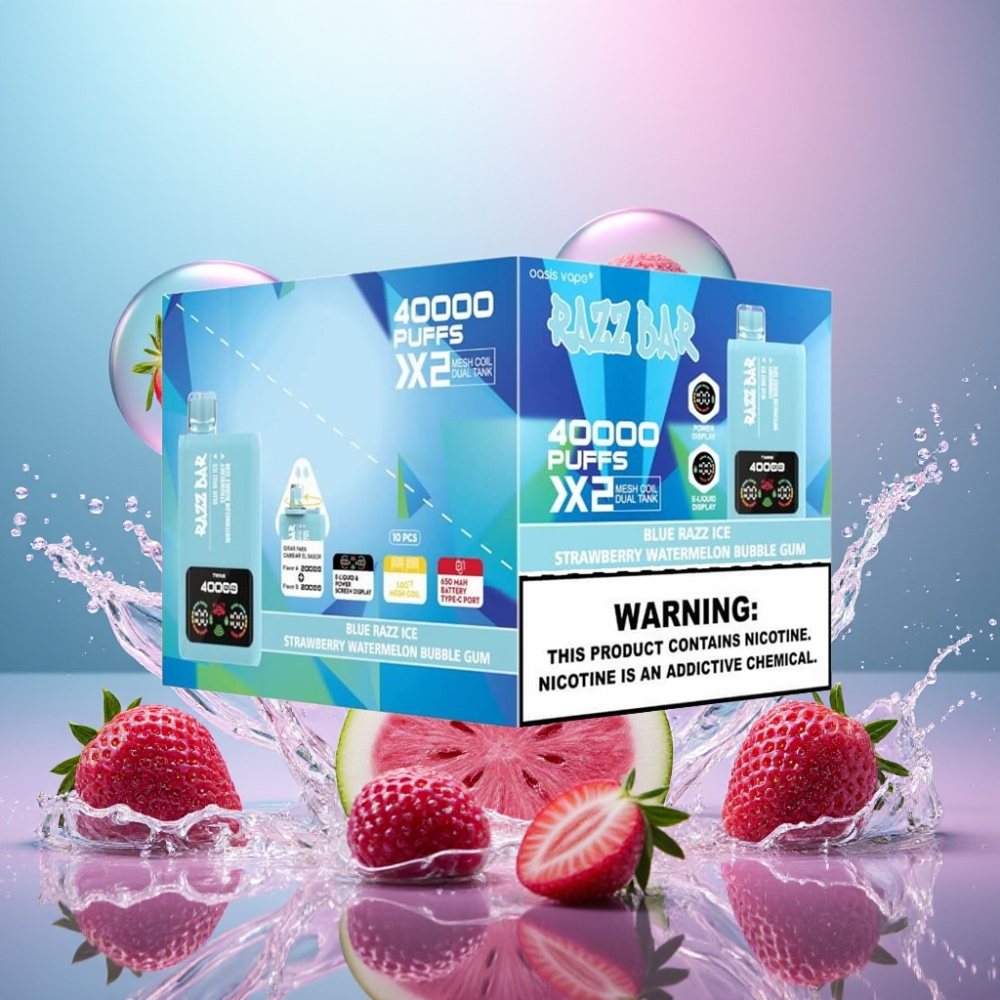 Razz Bar 40000 Puffs Norge Engros Blå Bringebær Is & Jordbær Vannmelon Tyggegummi Power Skjerm 1.0Ω 2 Mesh Coil 650 Mah Type-C 2% 5% Nikotin