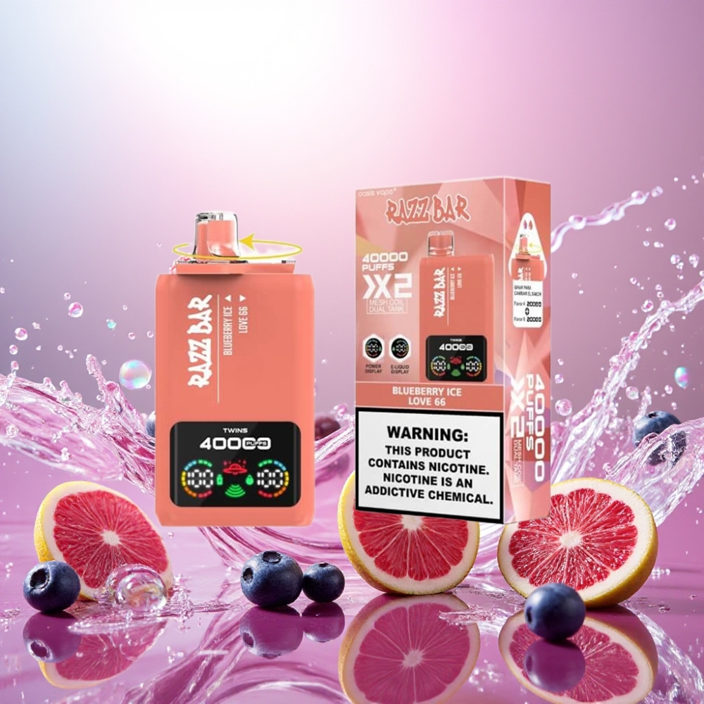 Razz Bar 40000 Puffs Norge Engros Blåbær Is & Kjærlighet 66 Power Skjerm 1.0Ω 2 Mesh Coil 650mAh Type-C 2%/5% Nikotin