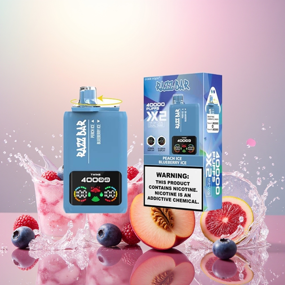 Razz Bar 40000 Puffs Norge Engros Power Skjerm 1.0Ω 2 Mesh Coil Type-C Fersken Is & Blåbær Is