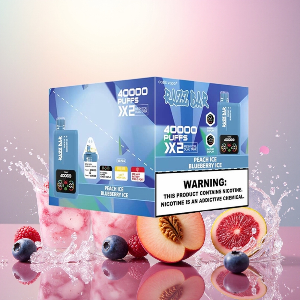 Razz Bar 40000 Puffs Norge Engros Power Skjerm 1.0Ω 2 Mesh Coil Type-C Fersken Is & Blåbær Is
