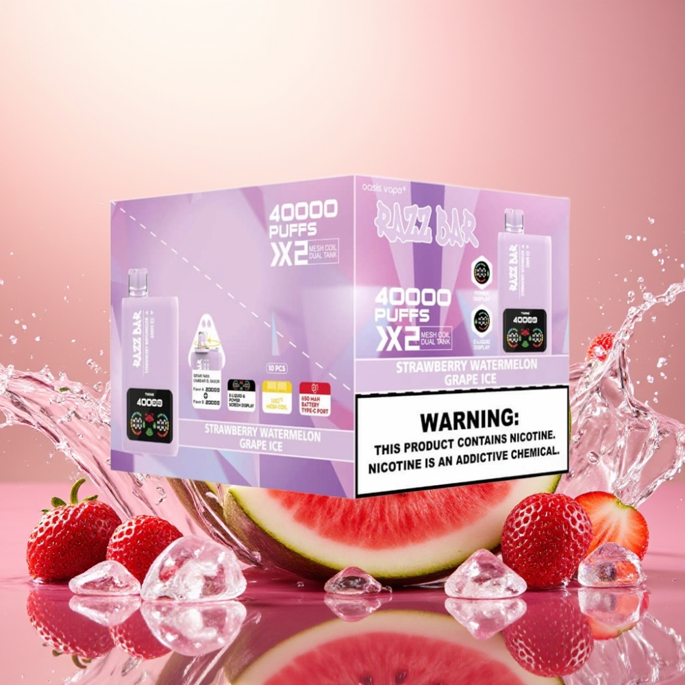 Razz Bar 40000 Puffs Norge Engros Power Skjerm Jordbær Vannmelon & Drue Is 1.0Ω 2 650mAh Type-C