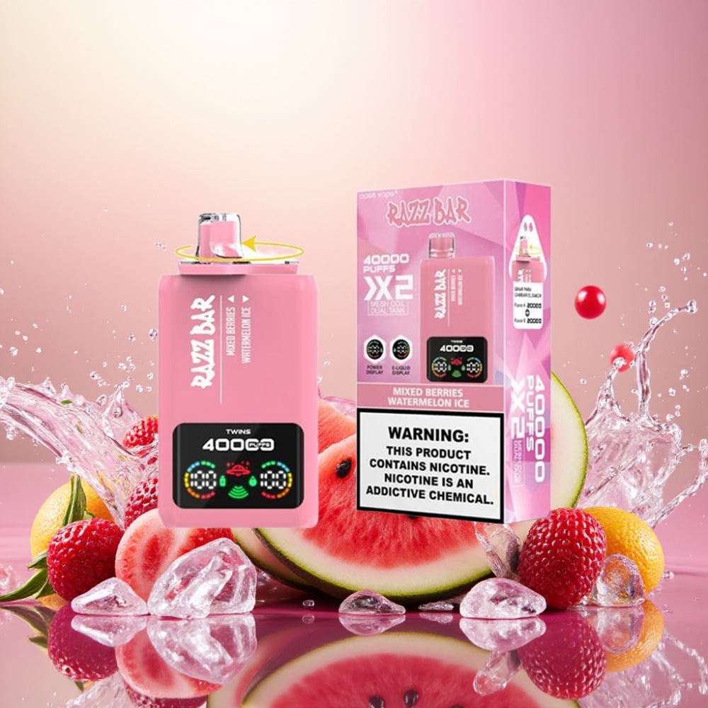 Razz Bar 40000 Puffs Norge Engros Skjermdisplay 1.0Ω 2 Mesh Coil 650mAh Blandede Bær & Vannmelon Is Type-C 2%/5% Nikotin