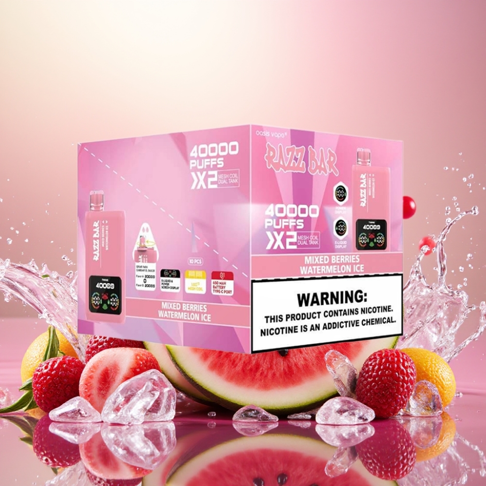 Razz Bar 40000 Puffs Norge Engros Skjermdisplay 1.0Ω 2 Mesh Coil 650mAh Blandede Bær & Vannmelon Is Type-C 2%/5% Nikotin