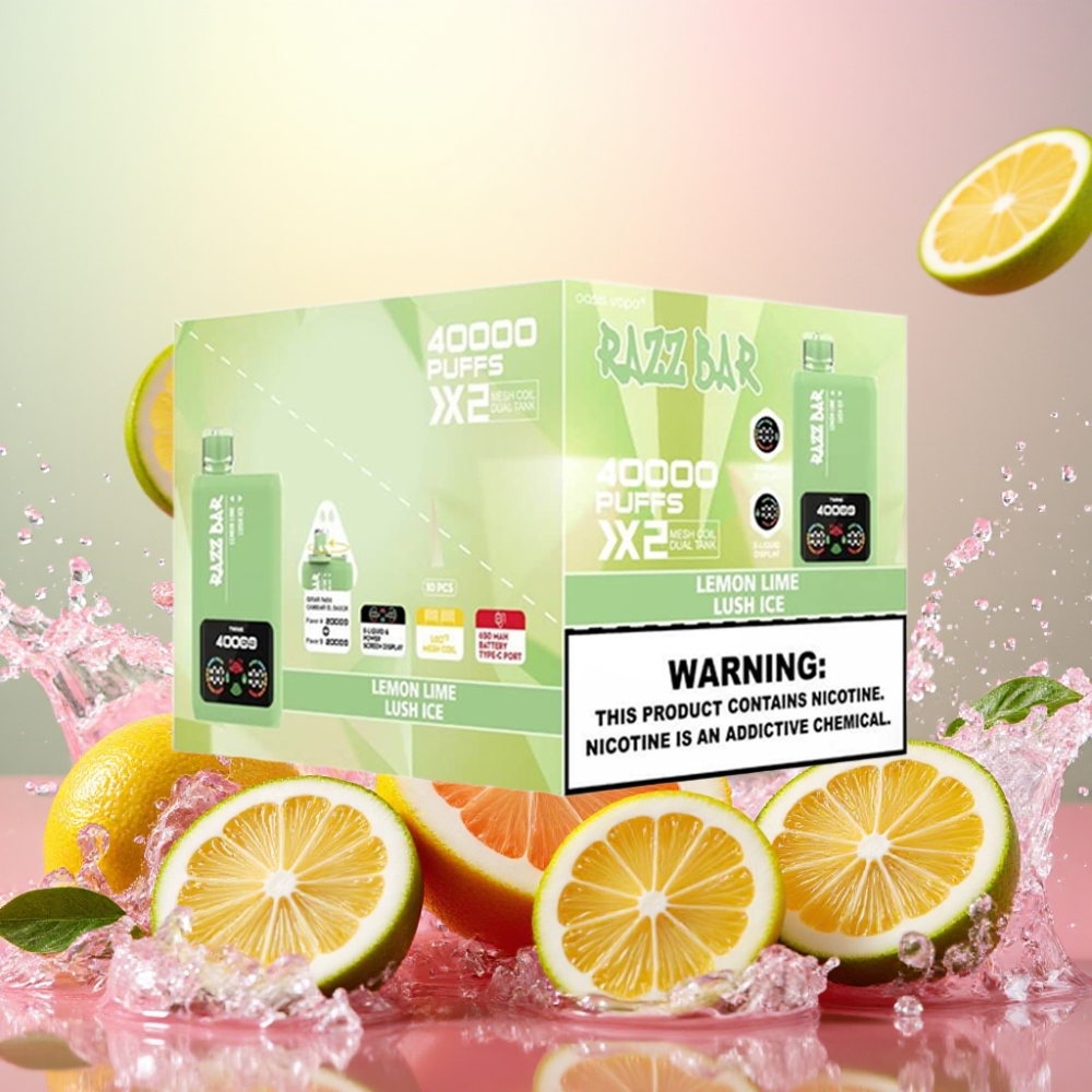 Razz Bar 40000 Puffs Norge Engros Skjermdisplay Sitron Lime & Lush Is 1.0Ω 2 Mesh Coil 650 Mah Type-C 2% 5%