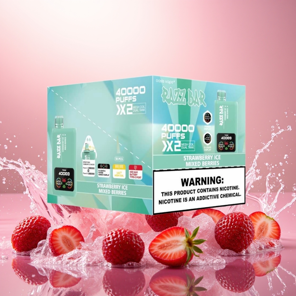 Razz Bar 40000 Puffs Norge Engros Skjermvisning Jordbær Is & Blandede Bær 1.0Ω 2 Mesh Coil 650 Mah Type-C