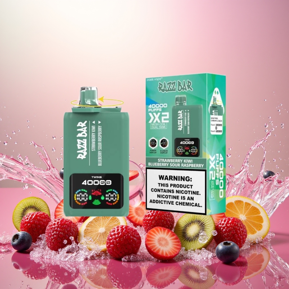 Razz Bar 40000 Puffs Norge Engros Skjermvisning Type-C Jordbær Kiwi & Blåbær Sur Bringebær 1.0Ω 2 Mesh Coil 650mAh 2%/5% Nikotin