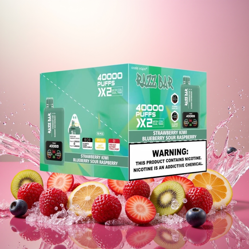 Razz Bar 40000 Puffs Norge Engros Skjermvisning Type-C Jordbær Kiwi & Blåbær Sur Bringebær 1.0Ω 2 Mesh Coil 650mAh 2%/5% Nikotin