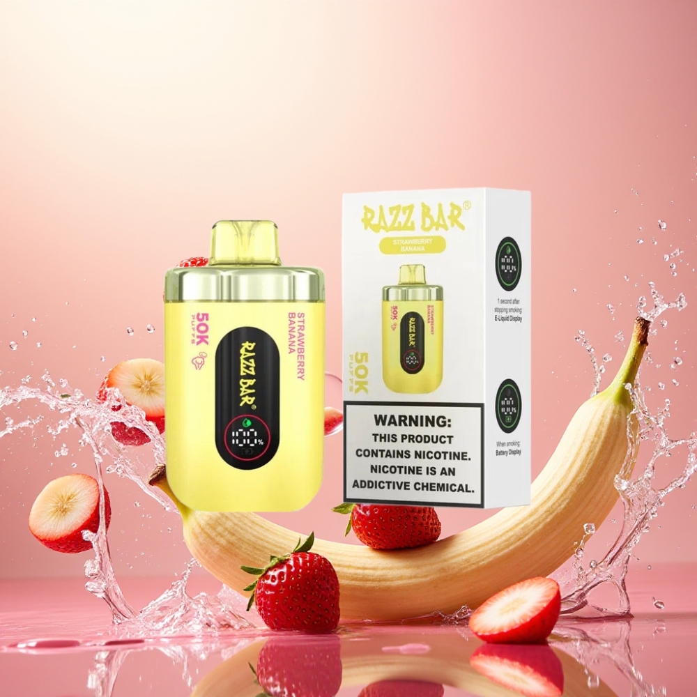 Razz Bar 50K Puffs Engangs Vape Jordbær Banan 1.0 Ohm Mesh Coil Norge Engros