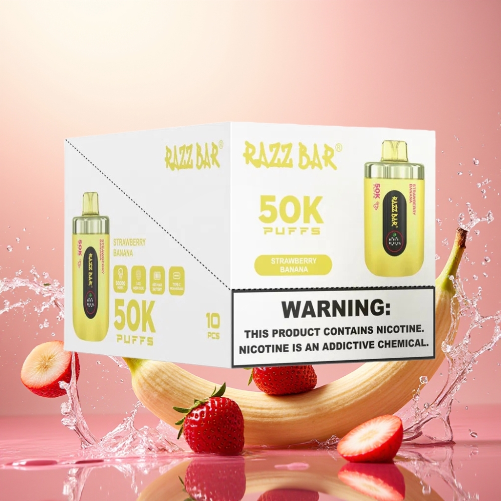 Razz Bar 50K Puffs Engangs Vape Jordbær Banan 1.0 Ohm Mesh Coil Norge Engros