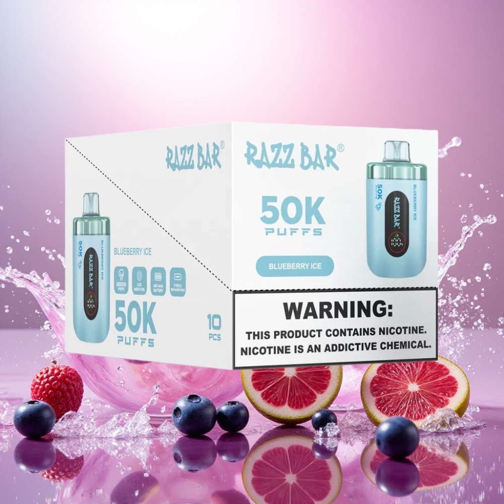 Razz Bar 50K Puffs Norge Engros Blåbær Is 1.0 Ohm Mesh 650 Mah Type-C 2% Nikotin
