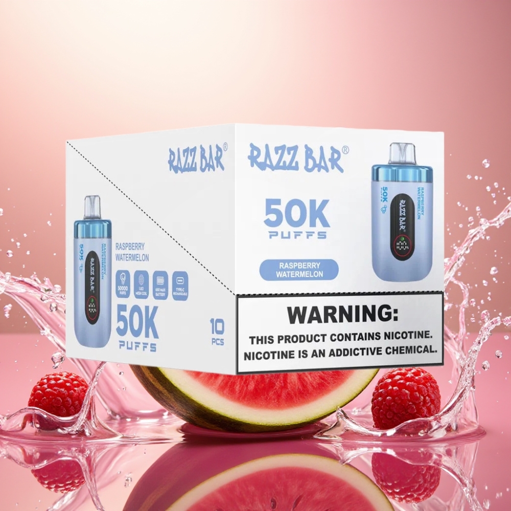 Razz Bar 50K Puffs Norge Engros Disposable Vape Bringebær Vannmelon 1.0 Ohm Mesh 650mAh Type-C 2% Nikotin
