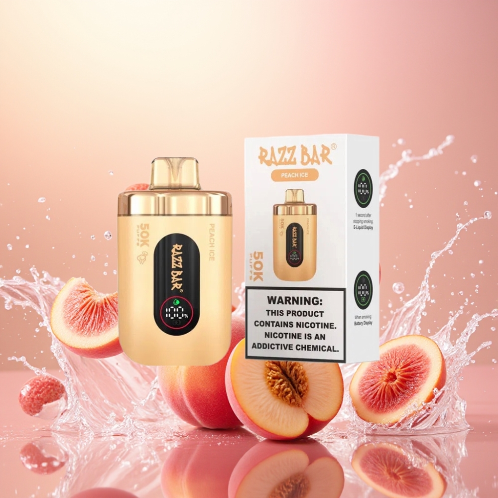 Razz Bar 50K Puffs Norge Engros Fersken Is 1.0 Ohm Mesh 650mAh Type-C 2% Nikotin