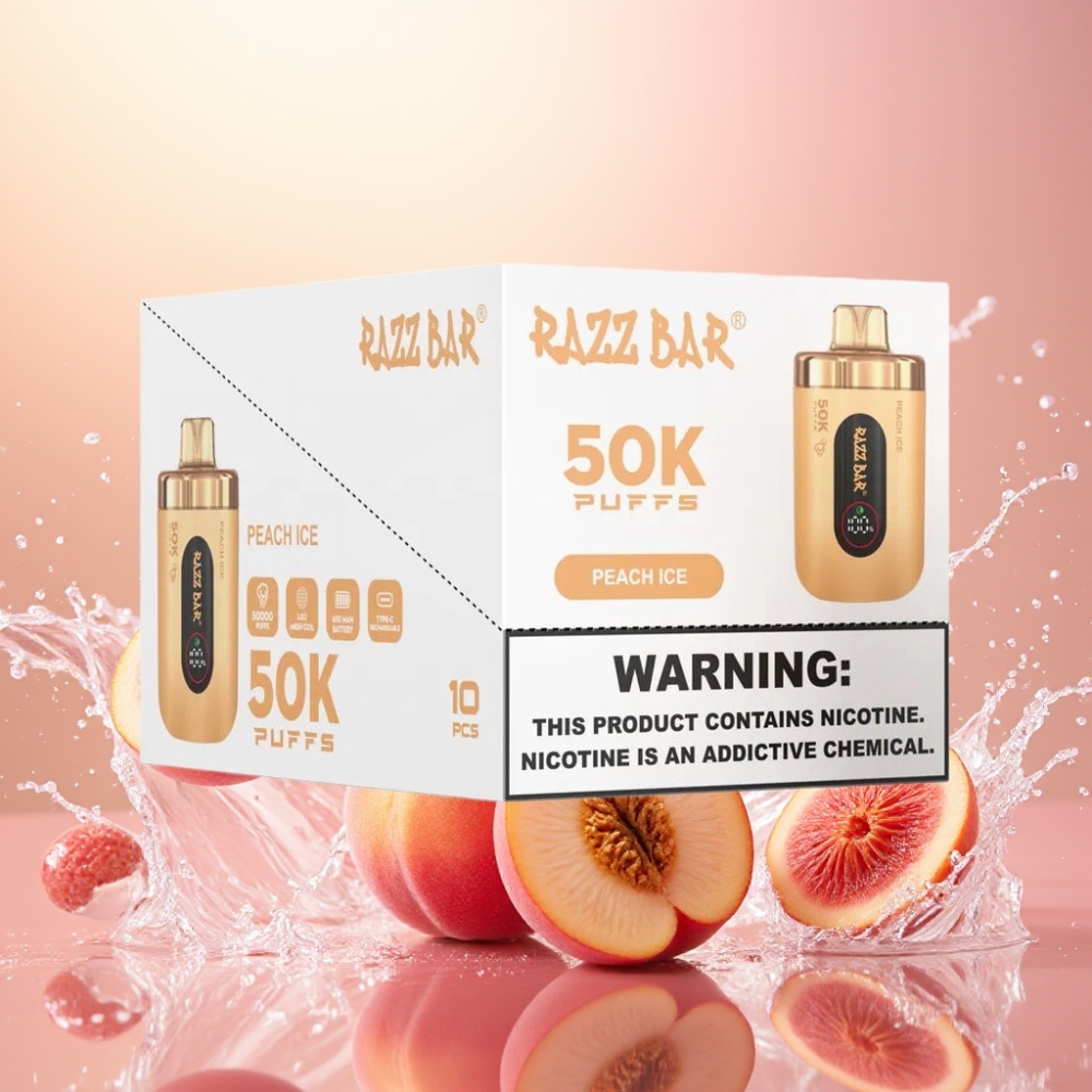 Razz Bar 50K Puffs Norge Engros Fersken Is 1.0 Ohm Mesh 650mAh Type-C 2% Nikotin