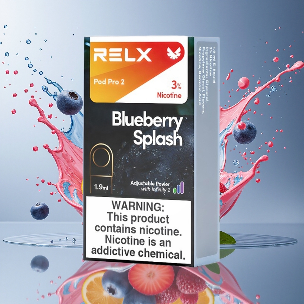 Relx Pod Pro 2 Norge Engros 600 Puff 1.9ml Blåbær Splash 3-5% 3 Voltage