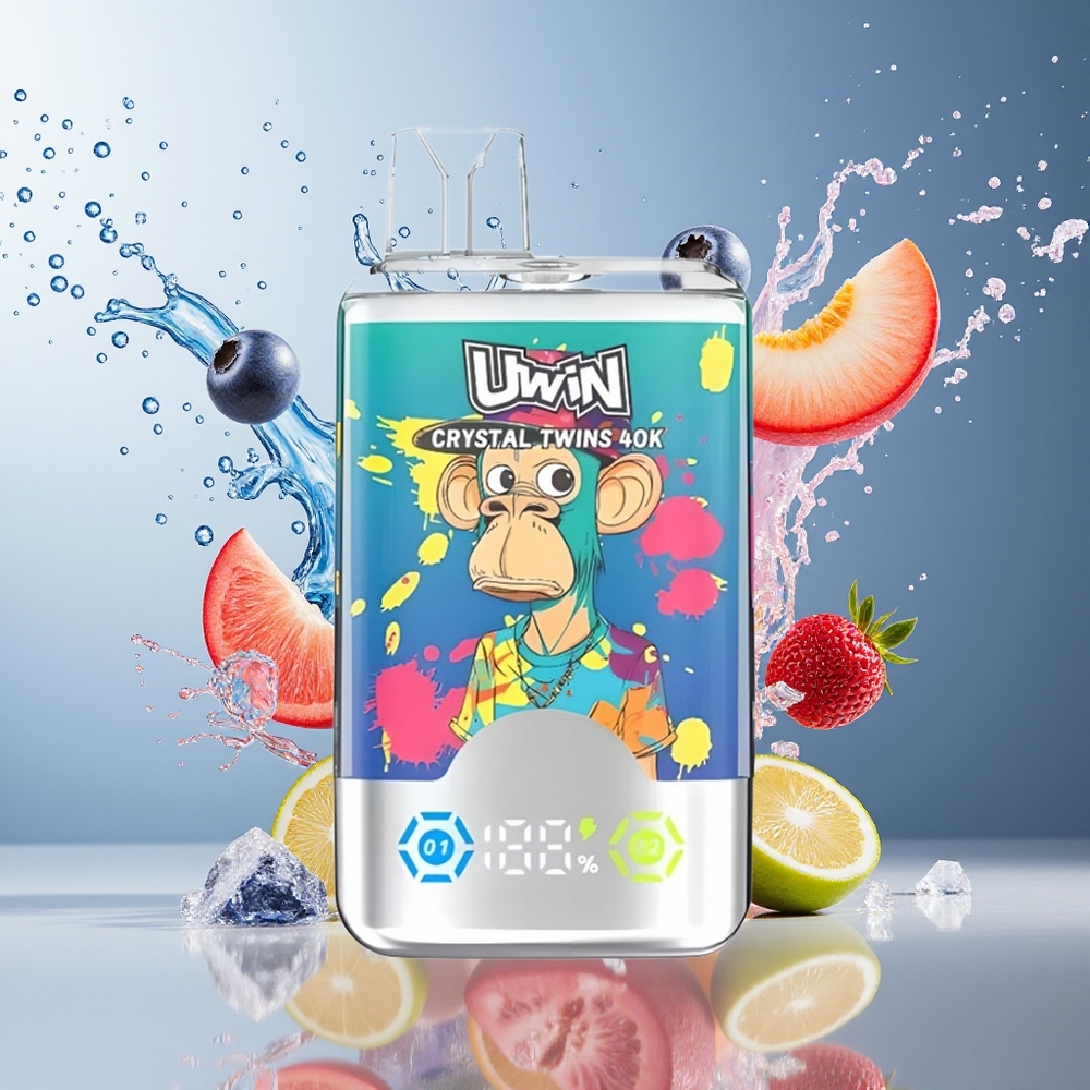 UWIN Crystal Twins 40000 Puffs Norge Engros To Smaker Blåbær På Is Sommerfersken Is 32ml 850mAh Type-C