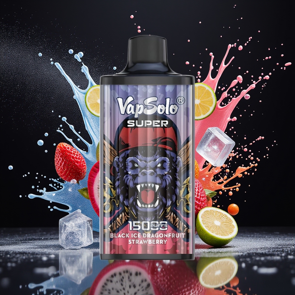 VapSolo Super 15000 Puffs Norge Engros 40ml Svart Is Dragefrukt Jordbær Type-C 850mAh