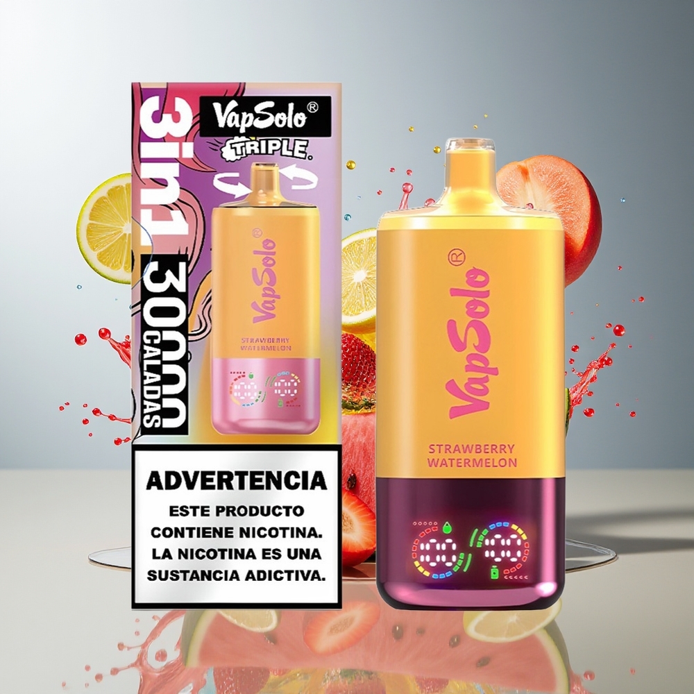 VapSolo Tripe 30000 Norge Engros Jordbær Vannmelon & Sitronsfersken 40ml Type-C