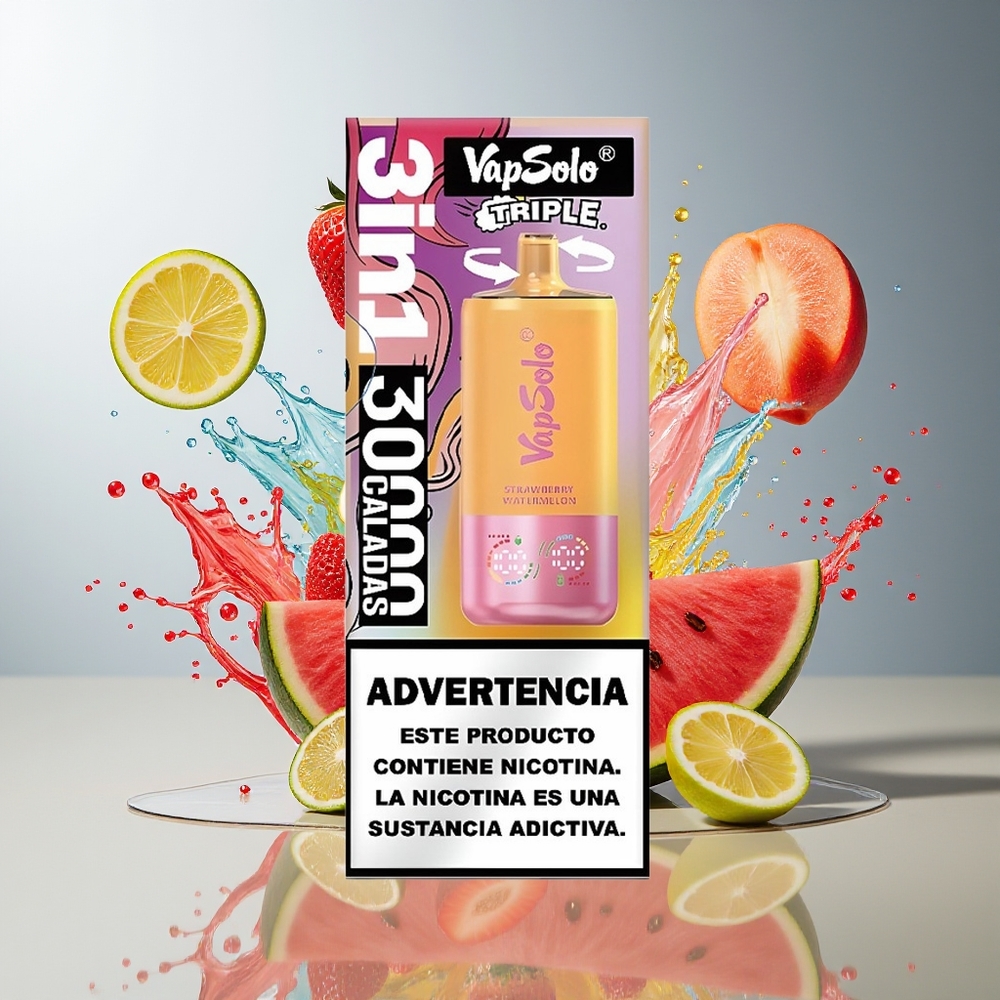 VapSolo Tripe 30000 Norge Engros Jordbær Vannmelon & Sitronsfersken 40ml Type-C