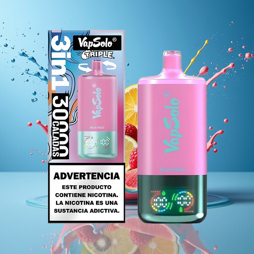 VapSolo Tripe 30000 Puffs 40ml 3-Tank Type-C Blå Bringebær Norge Engros