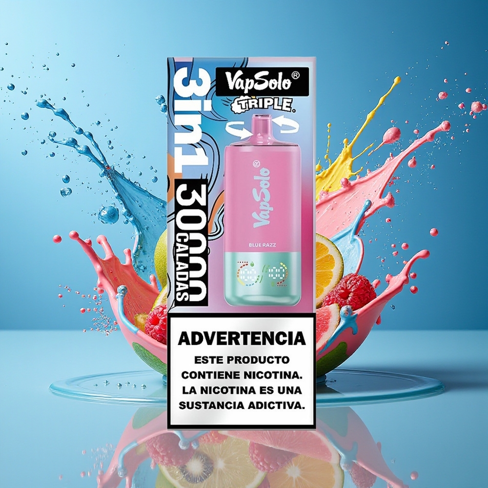 VapSolo Tripe 30000 Puffs 40ml 3-Tank Type-C Blå Bringebær Norge Engros