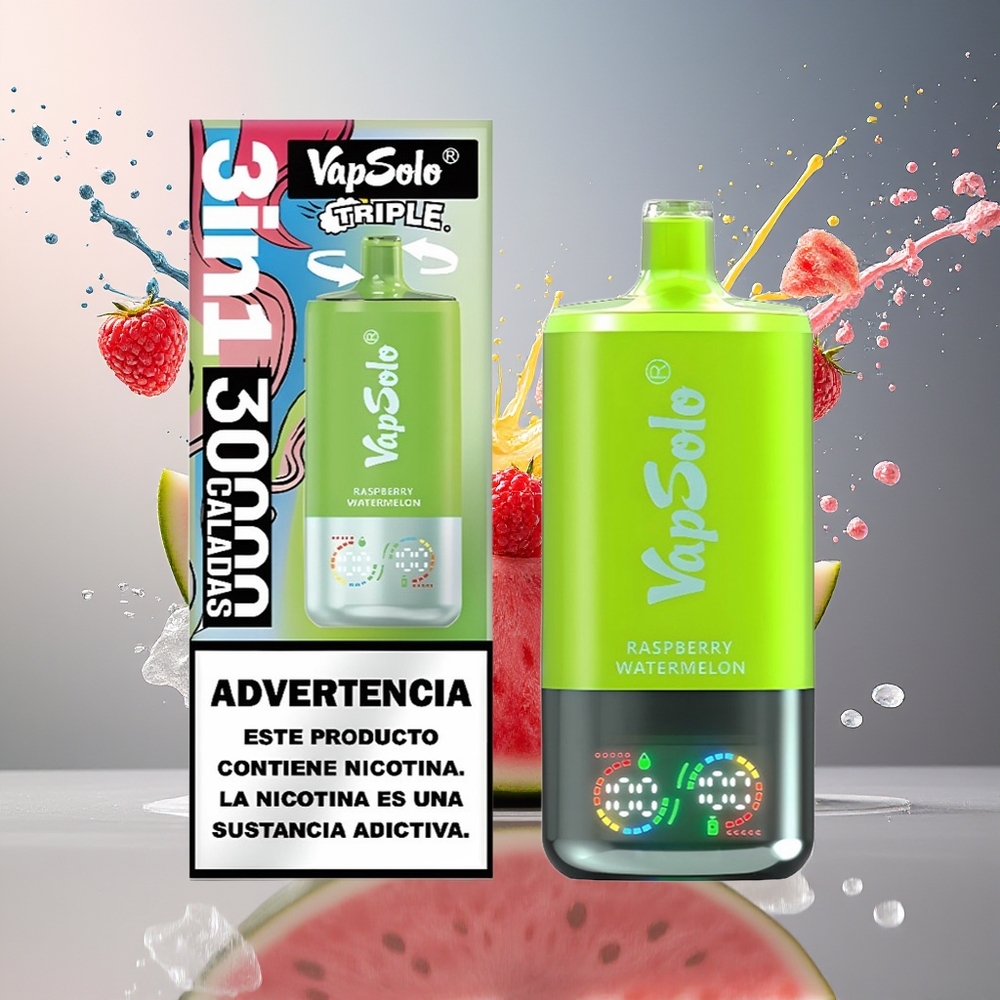 VapSolo Tripe 30000 Puffs 40ml 3-tank Type-C Bringebær Vannmelon Norge Engros
