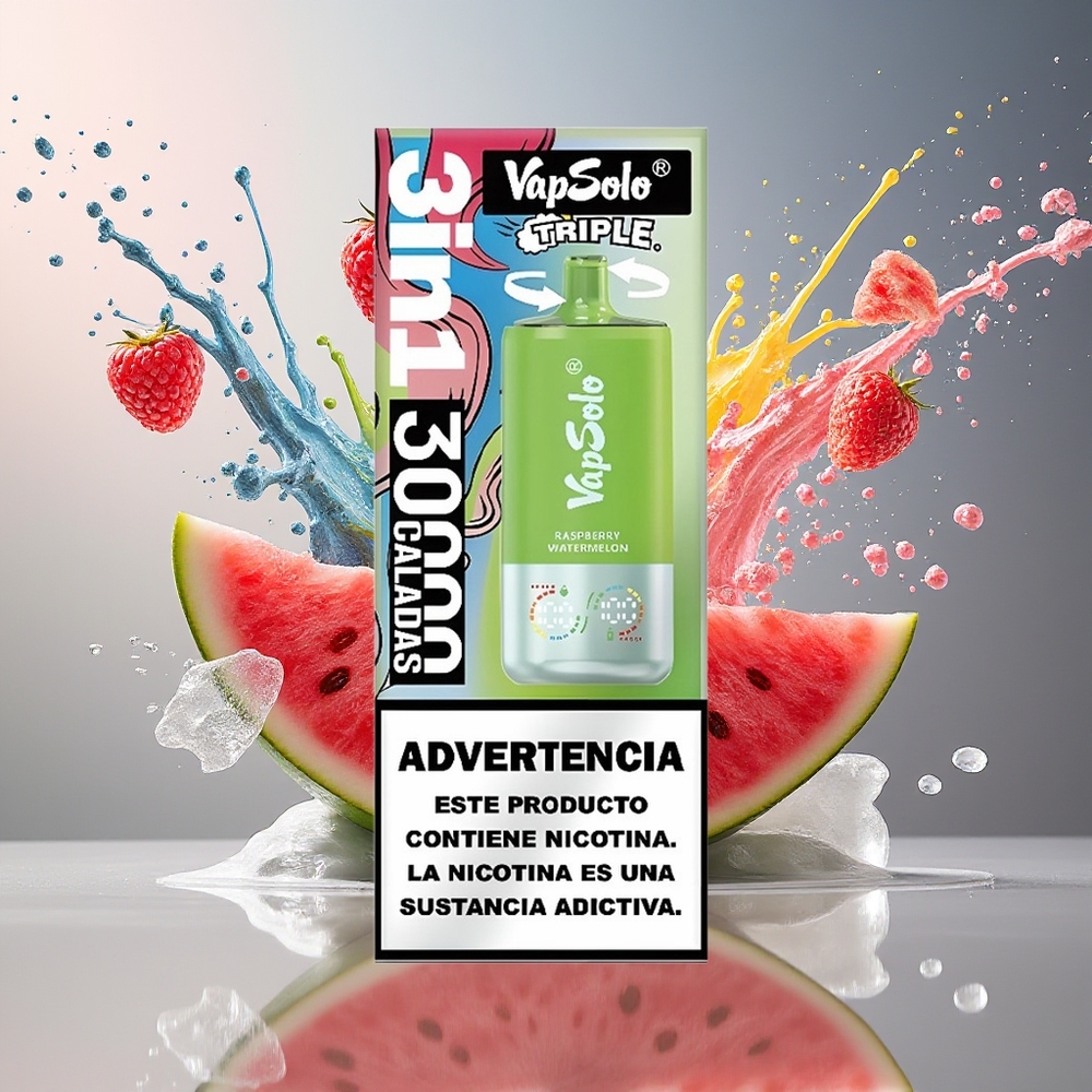 VapSolo Tripe 30000 Puffs 40ml 3-tank Type-C Bringebær Vannmelon Norge Engros